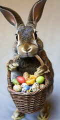 Wall Mural - Easter bunny holding a basket filled with colorful eggs and treats