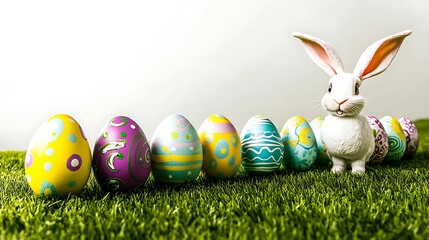 Wall Mural - Easter Bunny with Colorful Eggs on Green Grass Background