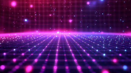 Poster - Abstract glowing grid background with pink and blue particles.