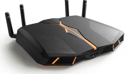 Aufkleber - Modern black wifi router with orange accents on white background.