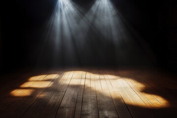 Wall Mural - A dark stage with spotlights shining down on an empty wooden floor. The lighting creates dramatic shadows and highlights, evoking the feeling of a spotlight performance or presentation. 