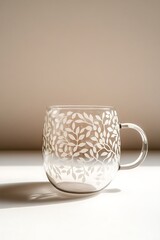 Canvas Print - Elegant glass mug with leaf pattern against a soft neutral background