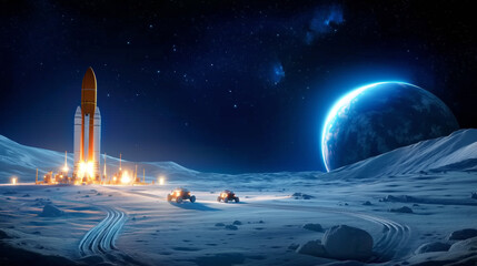 Wall Mural - a rocket prepares for launch on the moon while vehicles drive across the lunar terrain under a starr