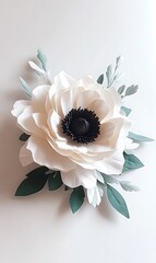 Wall Mural - Elegant paper flower arrangement featuring white petals and green leaves