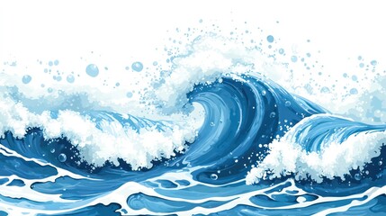 Poster - Powerful ocean waves crashing, sea foam, blue water, white background.
