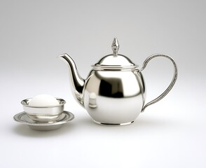 Canvas Print - Elegant silver teapot and bowl with egg on reflective surface