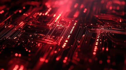Aufkleber - Close-up of a red illuminated circuit board with intricate pathways and glowing components.