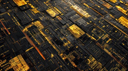 Leinwandbilder - Abstract digital background with glowing golden lines on black panels.