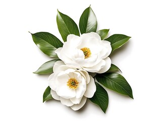 Wall Mural - Elegant white magnolia flowers with lush green leaves on display