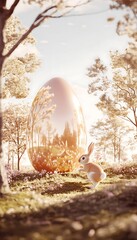 Canvas Print - Enchanted forest scene with a rabbit and a large golden egg