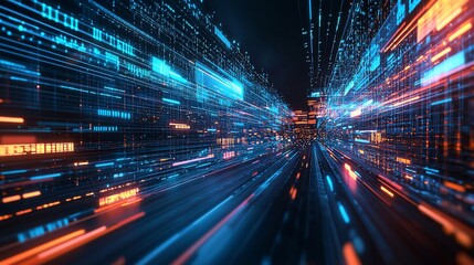 Poster - Futuristic digital data stream flowing through a tunnel.