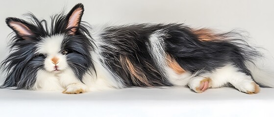 Canvas Print - Fluffy long-haired rabbit lounging on a soft surface with calm demeanor