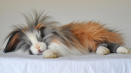 Wall Mural - Fluffy rabbit peacefully sleeping on a white surface with soft lighting