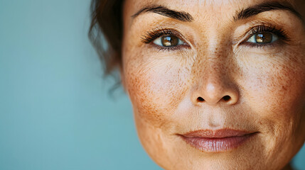 Sticker - Half face of a mature asian woman showing skin imperfections, wrinkles and freckles on a light blue background, promoting skin positivity and age acceptance