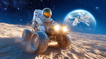Wall Mural - an astronaut operates a lunar rover on the moon, kicking up lunar dust while earth shines brightly i