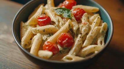 Poster - Creamy pesto pasta with cherry tomatoes in a bowl.