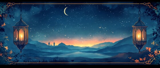 Wall Mural - Serene Night Scene With Hanging Lanterns, Starlit Sky, And A Tranquil Landscape.