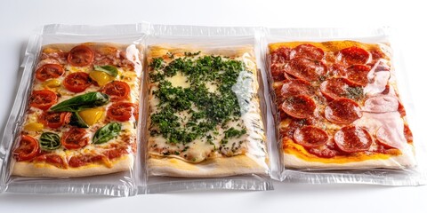 Wall Mural - Three different types of pizza are displayed in plastic packaging. The first pizza has a lot of cheese and pepperoni, the second has a lot of cheese and basil, and the third has a lot of cheese