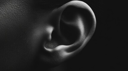 Poster - Black and white close up of a human ear, highlighting the intricate details of its structure and suggesting the act of listening attentively on a dark background