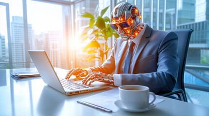 Poster - A robot in a formal suit is focused on a laptop, showcasing advanced technology in a sleek office setting. Sunlight enters through large windows, illuminating the workspace and city view