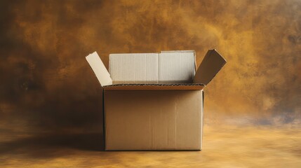 Aufkleber - Open empty cardboard box on brown background.