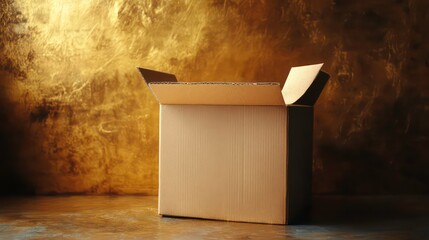 Aufkleber - Open empty cardboard box on gold background.