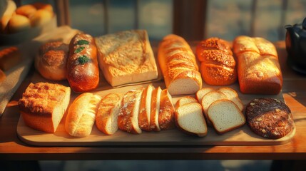 Poster - Assortment of freshly baked bread loaves and slices on wooden board, illuminated by sunlight.