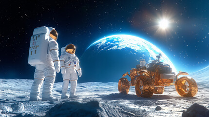 Wall Mural - two astronauts in space suits stand on the moon's surface, gazing at earth and a golden lunar rover 