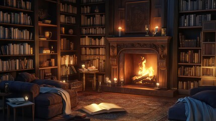Aufkleber - Cozy library interior with fireplace, bookshelves, armchairs, and candles creating a warm, inviting atmosphere.