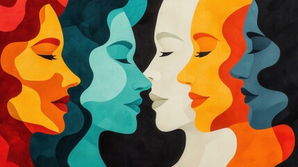 Wall Mural - Abstract Art Illustrating Different Faces of Women in Colorful Forms