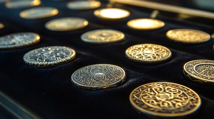 Ornate Gold Coins Displayed in a Velvet Case