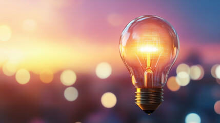 Canvas Print - glowing light bulb symbolizes innovation and creativity against colorful sunset background. warm light contrasts beautifully with soft bokeh effect, evoking inspiration