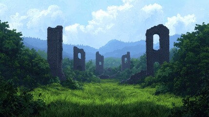 Wall Mural - Tranquil Landscape Featuring Ancient Ruins in Lush Green Wilderness