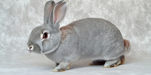 Poster - Gray rabbit standing on a soft gray background, showcasing its fur