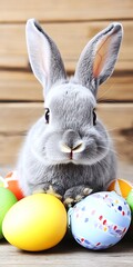 Canvas Print - Gray rabbit surrounded by colorful Easter eggs on wooden background