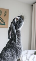 Canvas Print - Grey rabbit looking upwards in a cozy indoor setting with decor