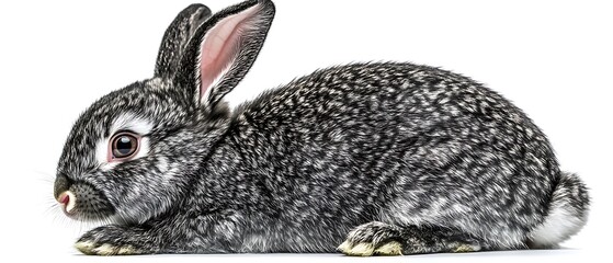 Sticker - Grey rabbit lying on its side against a white background, showcasing its fur texture and anatomy