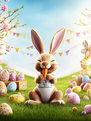 Canvas Print - Happy bunny enjoying a carrot surrounded by colorful Easter eggs