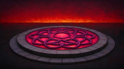 Wall Mural - Intricate glowing circular pattern on a stone platform with fiery background