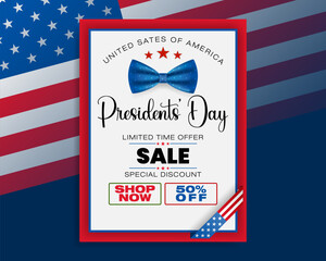 Poster - Holidays, design, background with handwriting texts and national flag colors for American Presidents Day, sales and commercial event; Vector illustration.