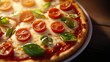 © Raul - Close-up of a delicious pizza with melted cheese, fresh basil, and juicy tomatoes.