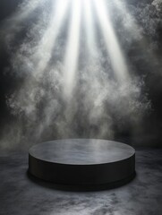 Canvas Print - A round black podium is centered in the picture, surrounded by smoke and fog. The background is a dark gray with light rays shining down from above. 