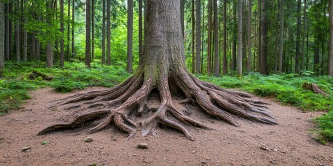 Large tree roots spread over a forest floor, forest trees in background, nature scene.