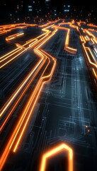 Poster - glowing technology abstract design with electronic circuits and bright orange paths.