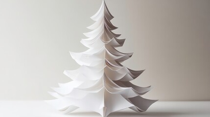 Poster - Minimalist white paper origami Christmas tree on white background.
