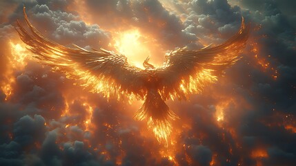 Wall Mural - Fiery Phoenix Soaring, Heaven, Clouds, Rebirth, Fantasy, Artwork