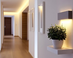 Poster - Modern hallway with warm lighting, potted plant, and minimal decor