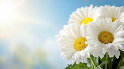 Wall Mural -  a vase filled with white daisies on top of a table, with their stems and leaves visible The background is slightly blurred, giving the image a dreamy feel