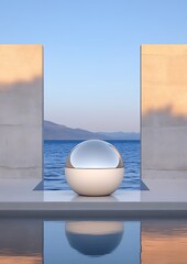 Poster - Modern spherical sculpture by the serene ocean at sunrise, reflecting tranquility