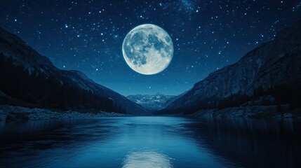 Wall Mural - Full Moon Night Over Serene Mountain Lake Landscape